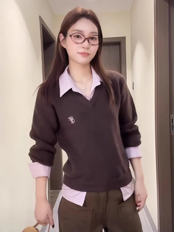 

plus Size Ne Knitted Sweater Women's Autumn Winter New Design Sense Turn-down Collar Fake Two-Piece Sle Korean Version