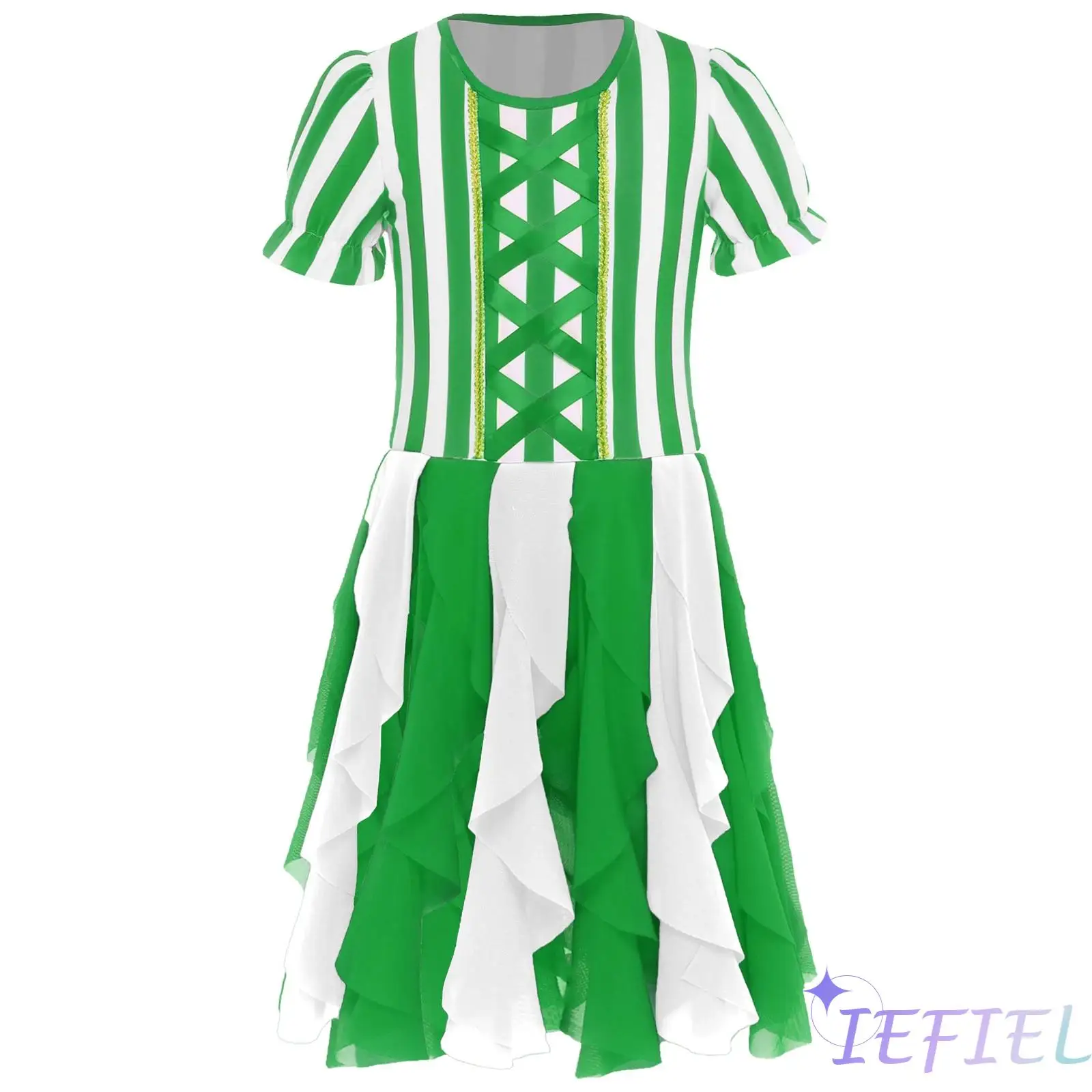 

Kids Girls Christmas Santa Claus Costume Round Neck Puffy Sleeve Golden Webbing Tulle Striped Dress for Xmas Candy Cane Dress Up