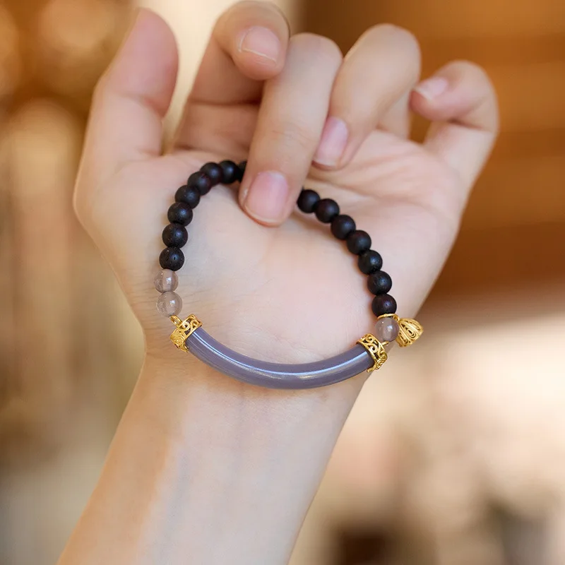 

Hainan Jiangzhen Agarwood Purple Agate Chalcedony Bracelet for Women with Cloisonne Lotus Seedpod Buddhist Prayer Beads Gifts