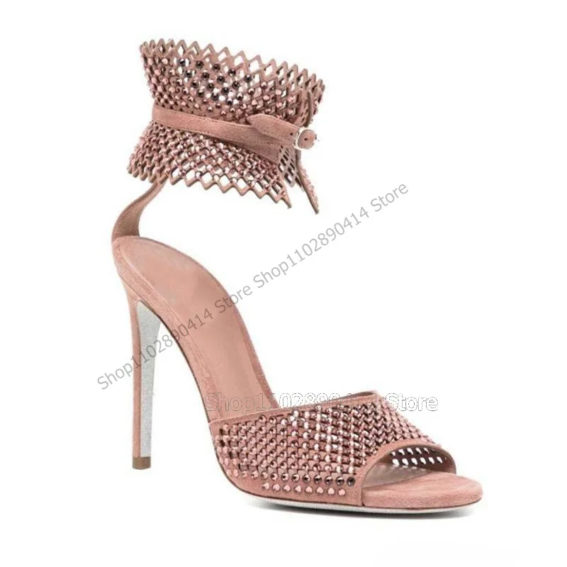 Pink strass Decor Hollow Design Open Toe sandali cinturino con fibbia alla caviglia scarpe da donna tacchi alti sottili nuovo 2023 Zapatos Para Mujere