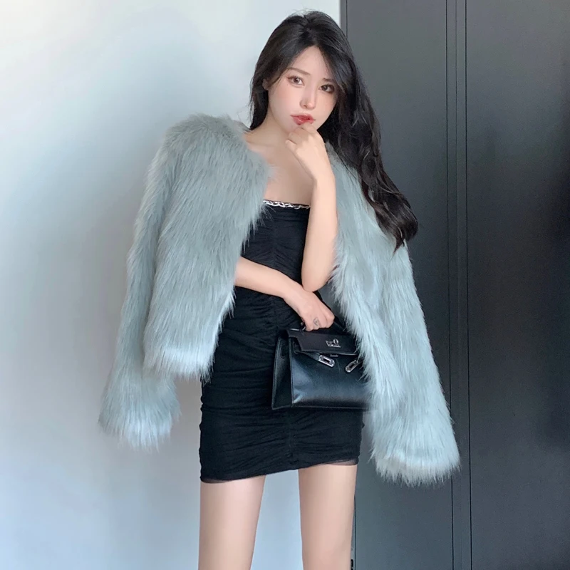 MEXZT Fashion Harajuku Faux Fox Fur Coat Women Winter Korean Slim Leather Jacket Female Casual Natural Color Open Stitch Coat