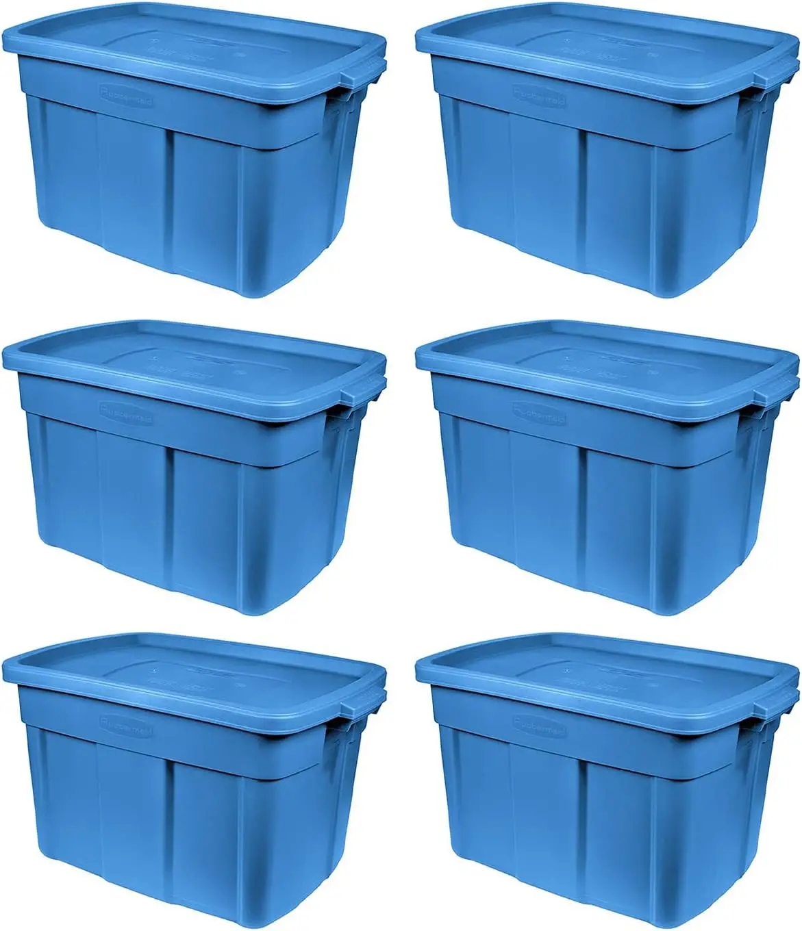 Rubbermaid Roughneck Tote 18 Gal, 6 Pack, Made in USA, Herirage Blue, Rugged Plastic Stackable Storage Bins with Lids and Handle