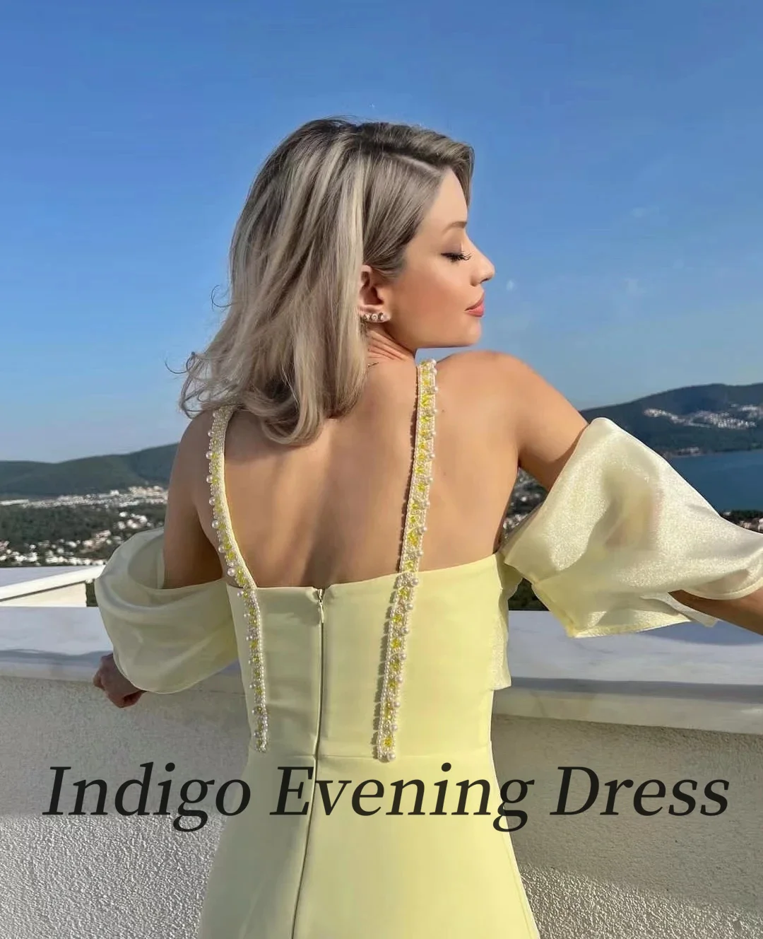 Indigo vestidos de noite 2025 frisado espaguete fora do ombro fenda lateral feminino elegante formal vestido de festa robe de soiree personalizado