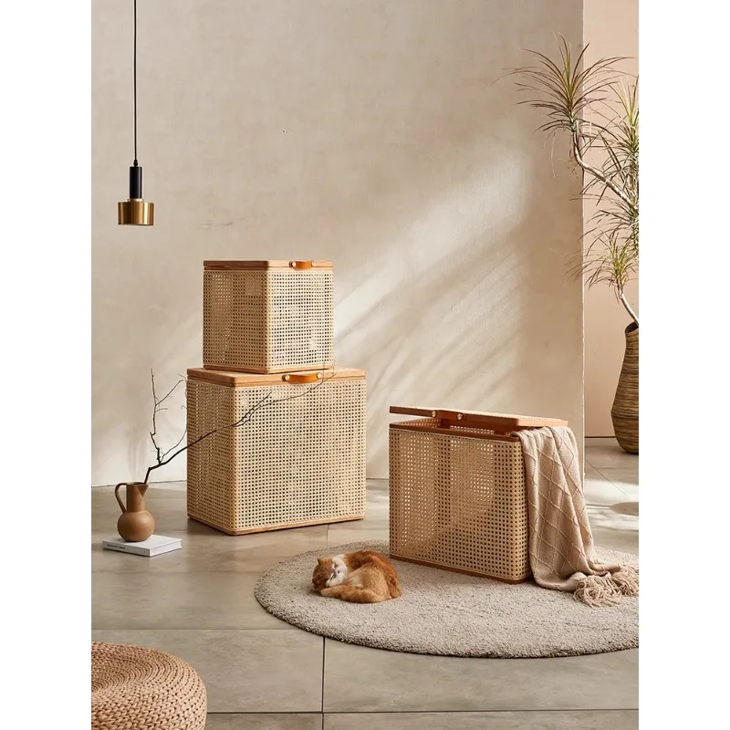 

Solid wood rattan storage box creative storage stool Nordic wabi sandy wind furniture mini box