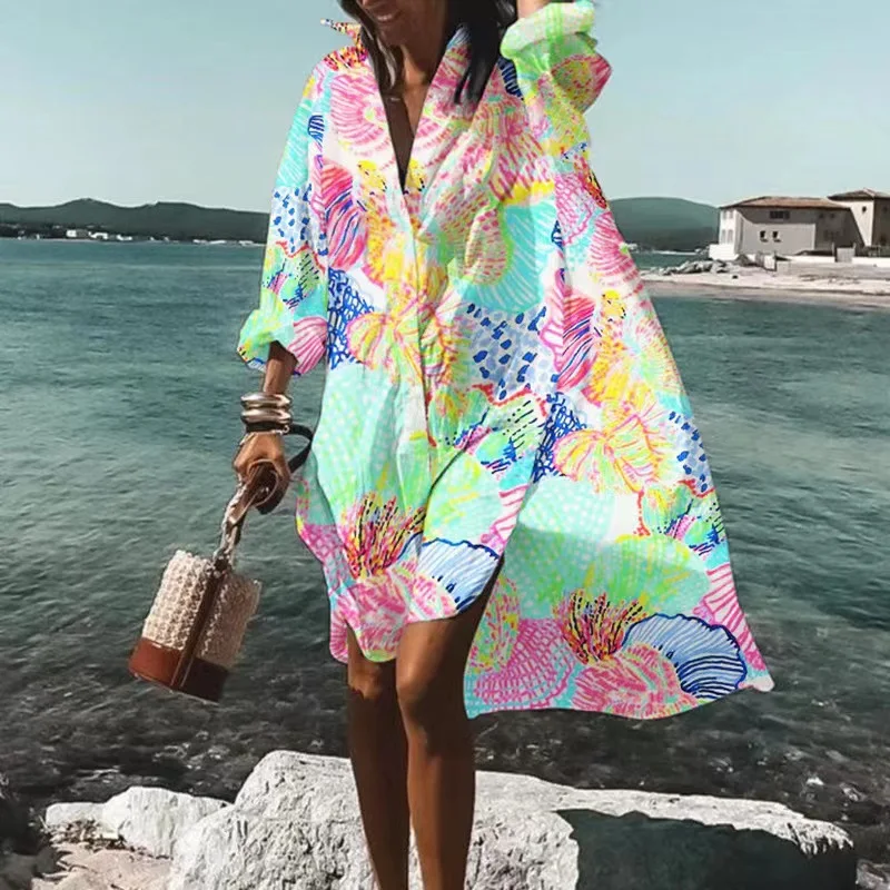 2025 Abito camicia ampia stampato per donna Elegante nuova gonna asimmetrica Abiti casual comodi e alla moda in stile vacanza