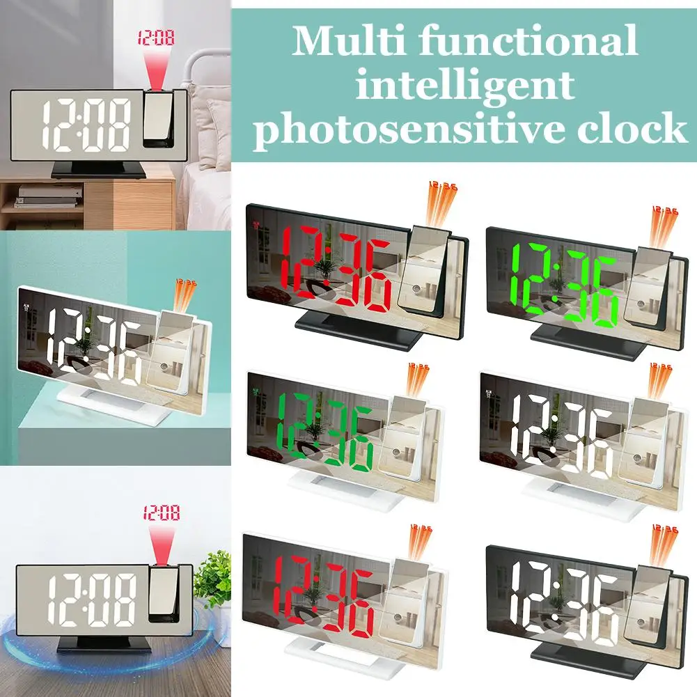 Projection Digital Alarm Clock Smart Photosensitive Auto Dimming Mirror LED Clock with Dual Alarm Snooze Temperature Display