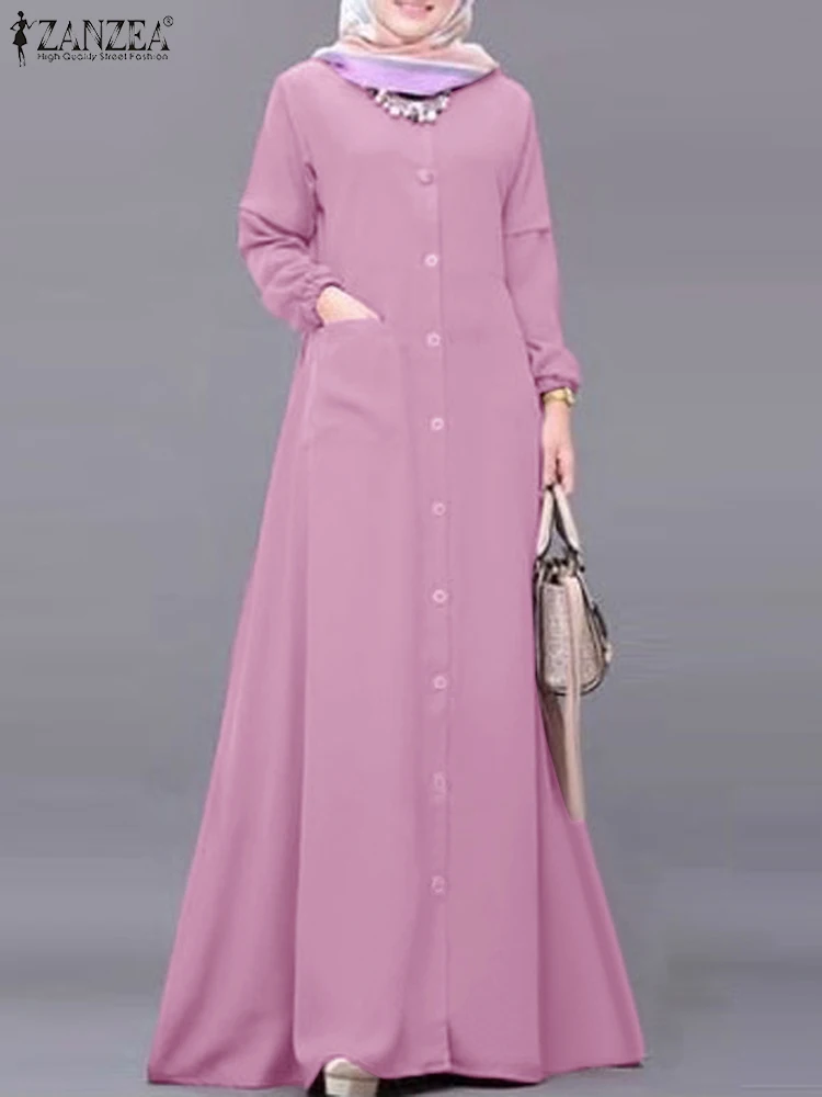 

ZANZEA Woman Elegant Muslim Dress Long Sleeve O-Neck Sundress Casual Islamic Clothing Female Elegant Party Vestidos Oversized