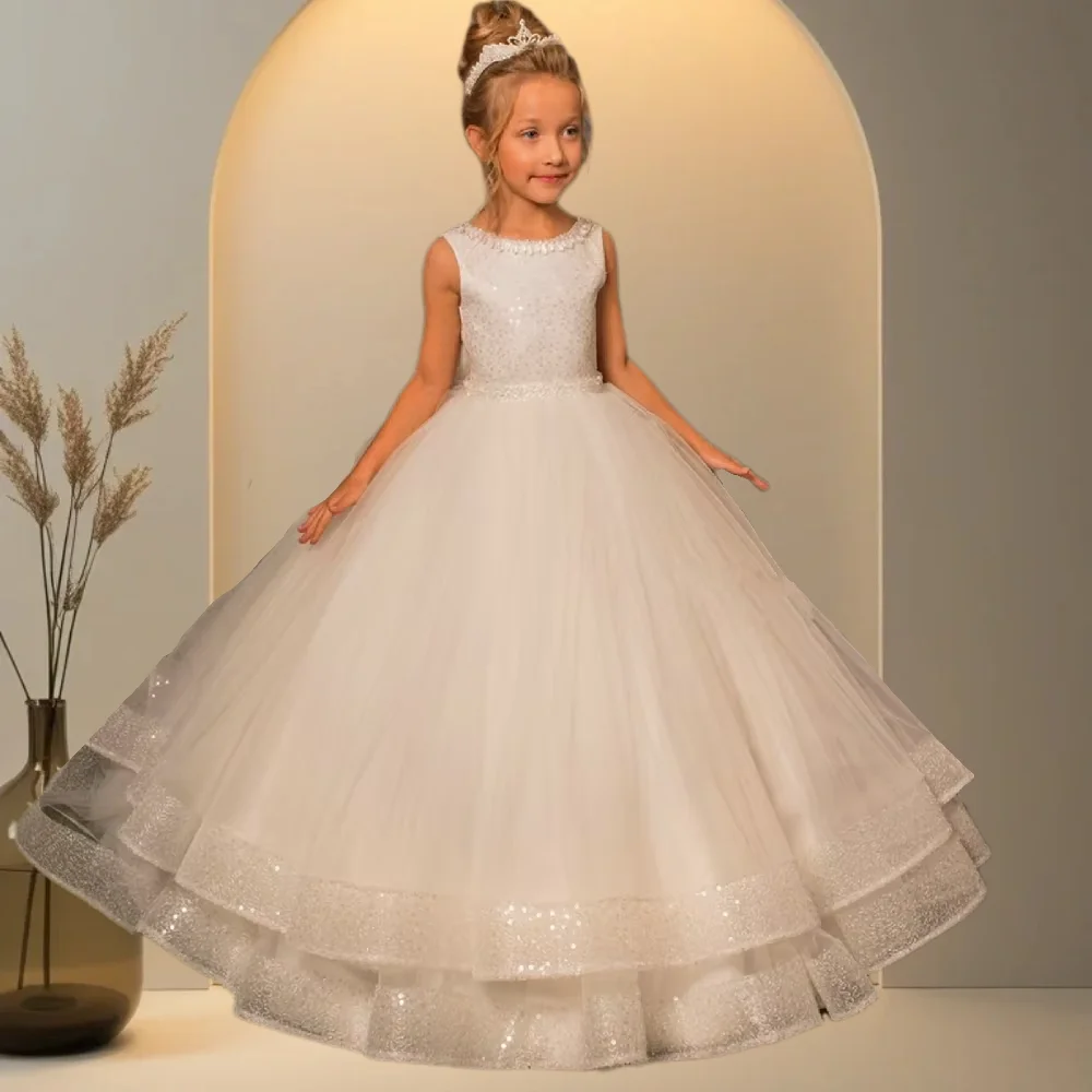 

Flower Girl Dress White Tulle Fluffy Printing High Waist Little Princess Ball Pageant Kids Birthday Party Evening Gowns