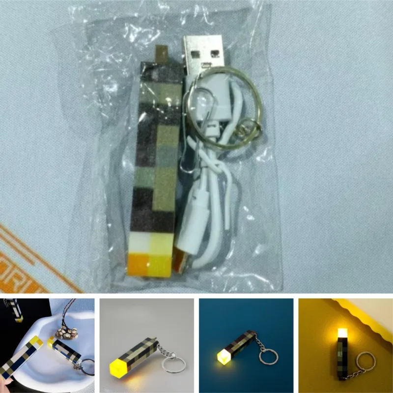 

Cartoon Game Minecrafts Series Torch Modeling Key Chain Creativity Rechargeable Glow Mini Torch Keychain Backpack Pendent