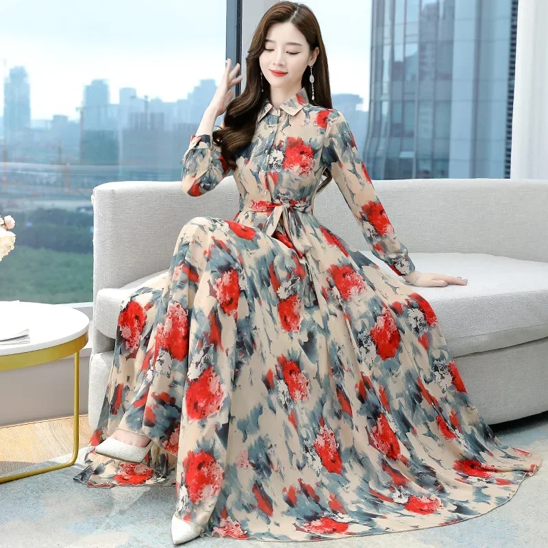 Muslim 2024 Elegant Casual Beach Boho Maxi Dress Spring Autumn Vintage Dresses Women Fashion Floral Chiffon Long Vestidos