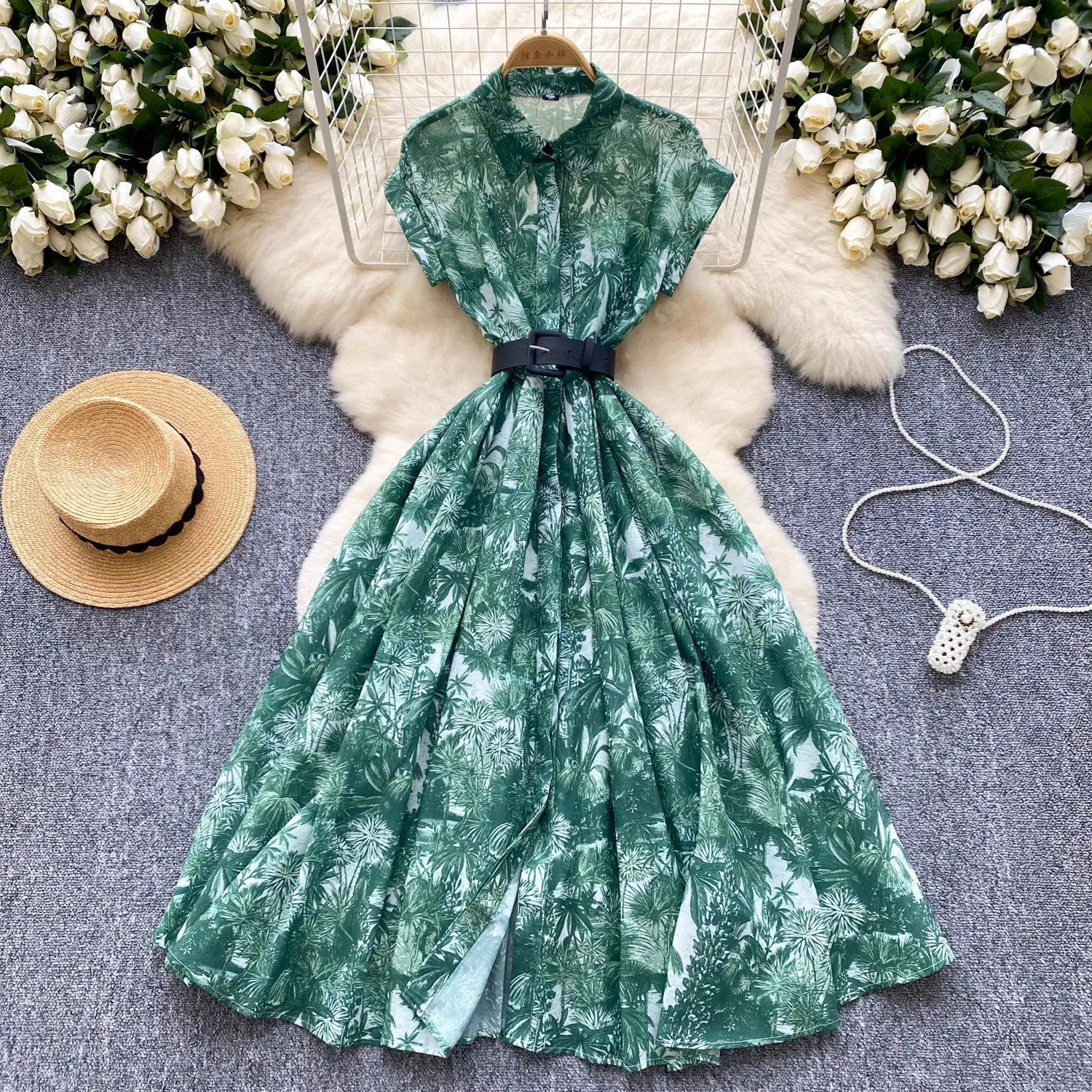 Women's Lapel Collar Vintage Midi Shirt Dress Summer Runway Pleated Short Sleeve Retro Jungle Print Belt Ladies Midi Vestidos