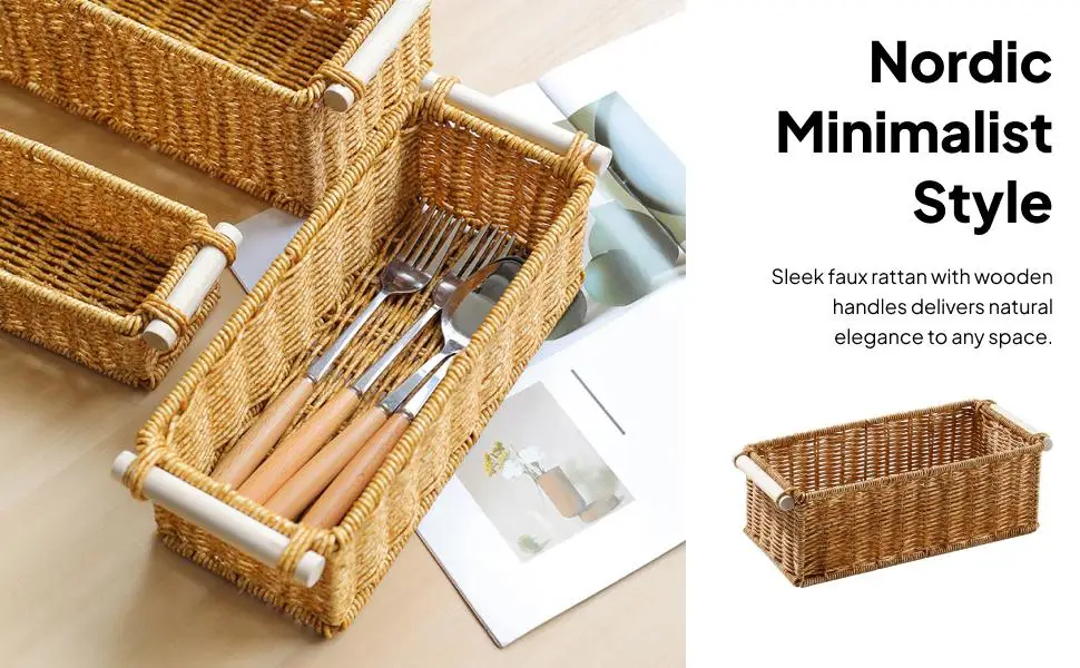 

Прямоугольная плетеная корзина, большой поднос из ротанга, пластиковый контейнер для хранения с крышкой для полки, кухни, ванной комнаты, гостиной