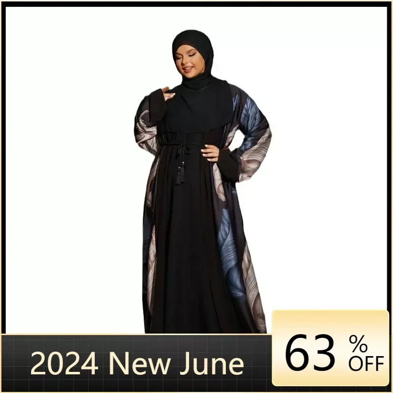 With Hijab Muslim Dresses for Women 2024 Summer Muslim Long Sleeve Open Abaya Dubai Kaftan Muslim Cardigan Abayas Dresses