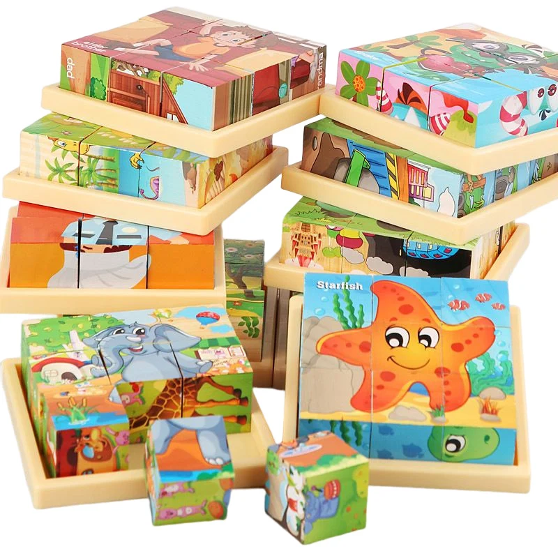 3D cube Wooden puzzle children\'s nine pieces six-sided wooden block tray children\'s Montessori learning educational puzzle toys