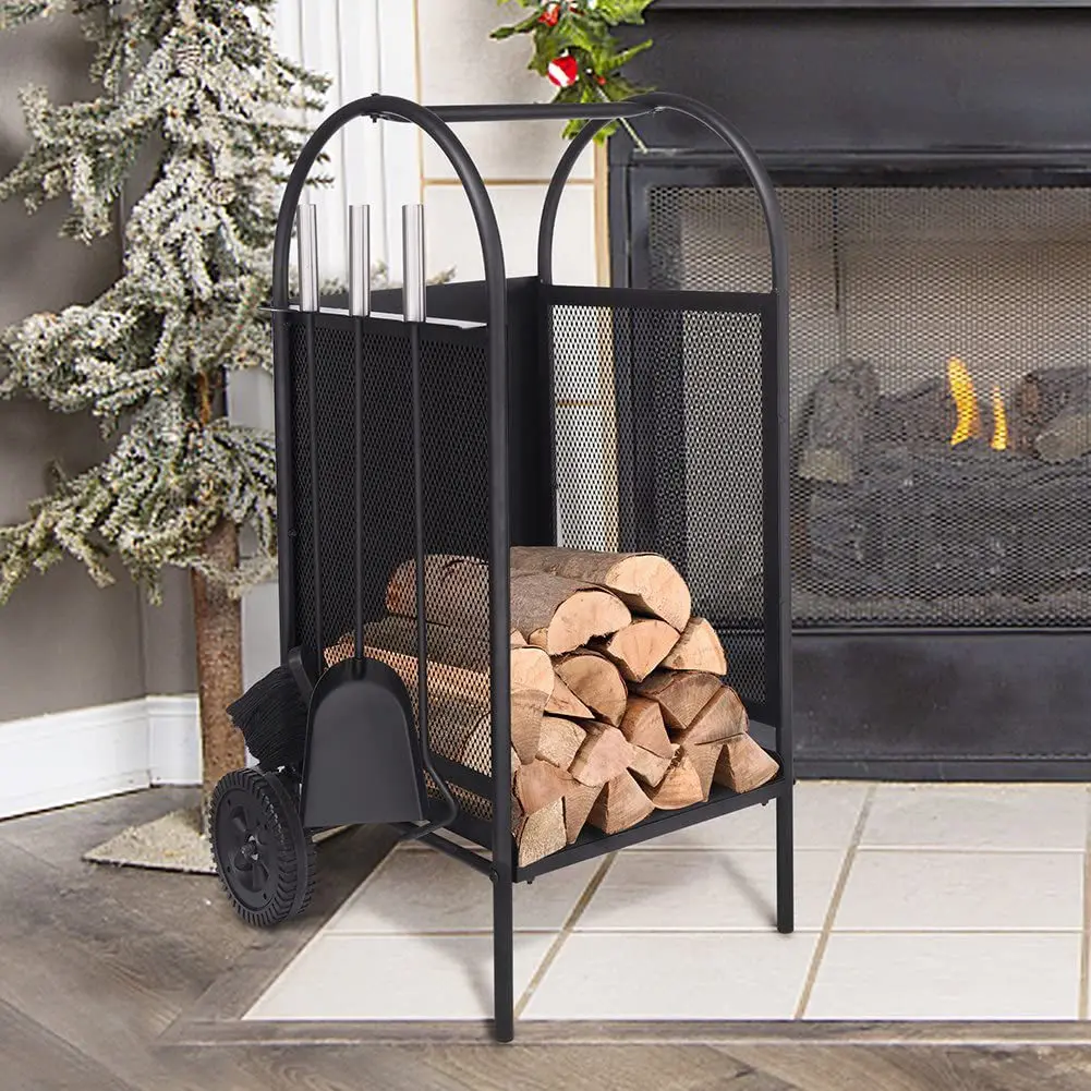 

Wrought iron wheel firewood fire rack with tools four-piece set indoor and outdoor movable firewood rack log storage rack firewo