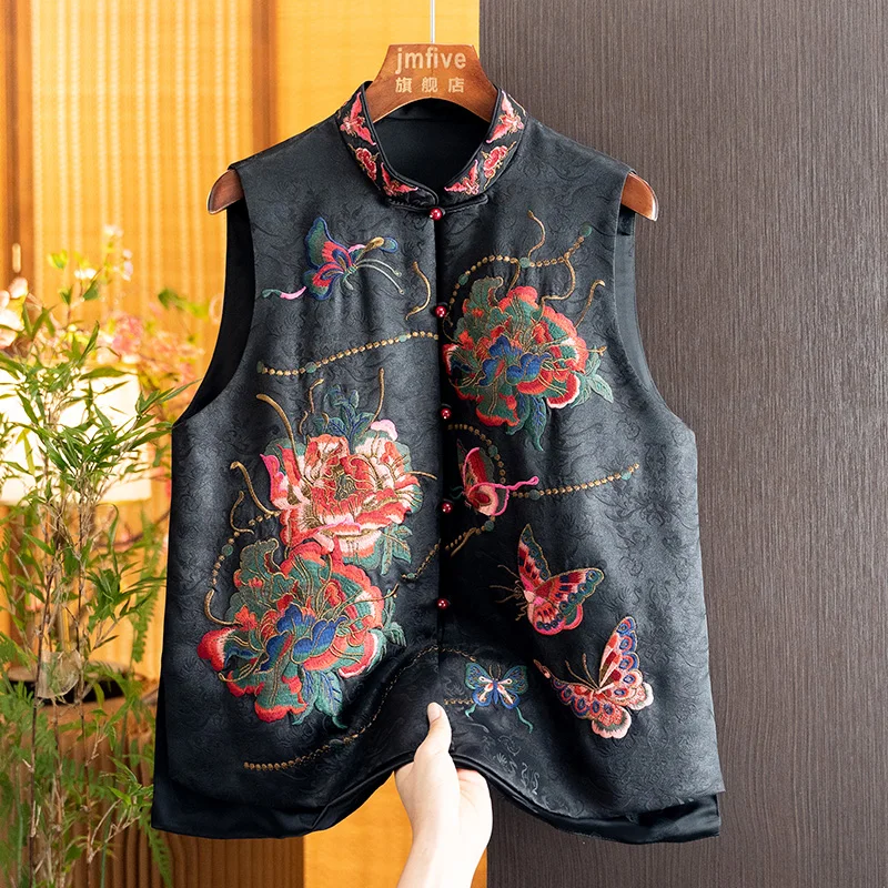 New Chinese-Style Mulberry Silk Peony Butterfly Embroidery Vest for Women, 2026 Autumn New Embroidered Layered Outerwear Vest