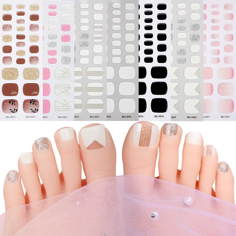 New 28 Finger gel Foot Sticker Nail Sticker Cartoon Gradual Scallion Powder Checker UV Light Semi baked Toe Nail Sticker