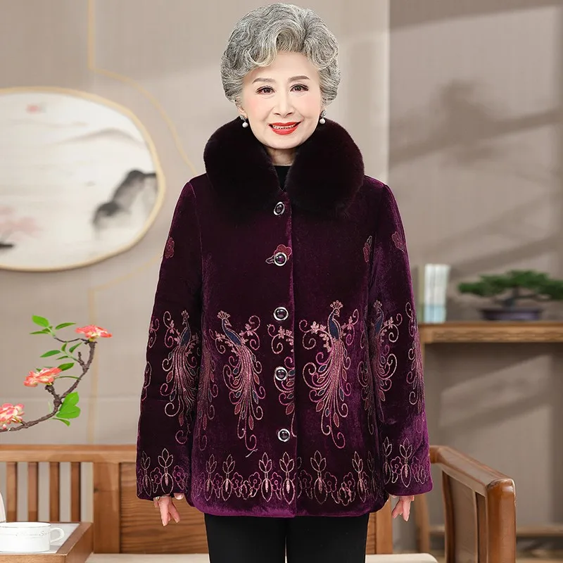 Winter Women\'s Cotton-Padded Jacket 50 To 80 Year Old Grandma Coat Thick Velvet Warm Middle Aged Mother Positioning flower Parka