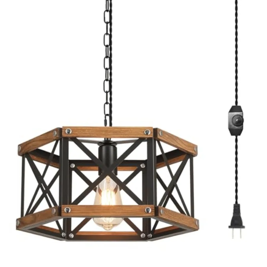Rustic Farmhouse Plug in Pendant Light Fixture with Adjustable Chain, Dimmable Switch, Industrial Oak Wood and Metal Cage Hangi
