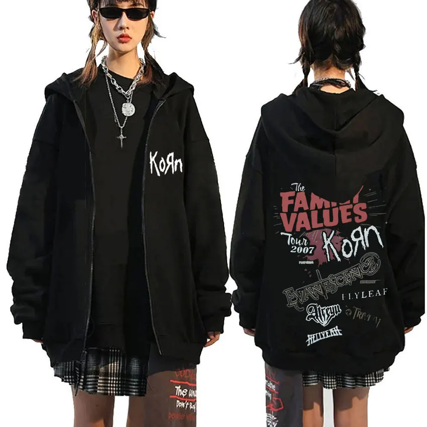 Rock Band Korn The Family Values Tour Zipper Hoodie Male Metal Music Hoodies Men Women Vintage Gothic Oversized Zip Up Jacket