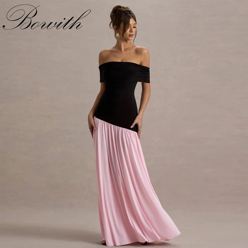 

Bowith Elegant Evening Dresses Women Black and Pink Customized Prom Dresses Boat Neck Off the Shoulder A-Line Party Dresses
