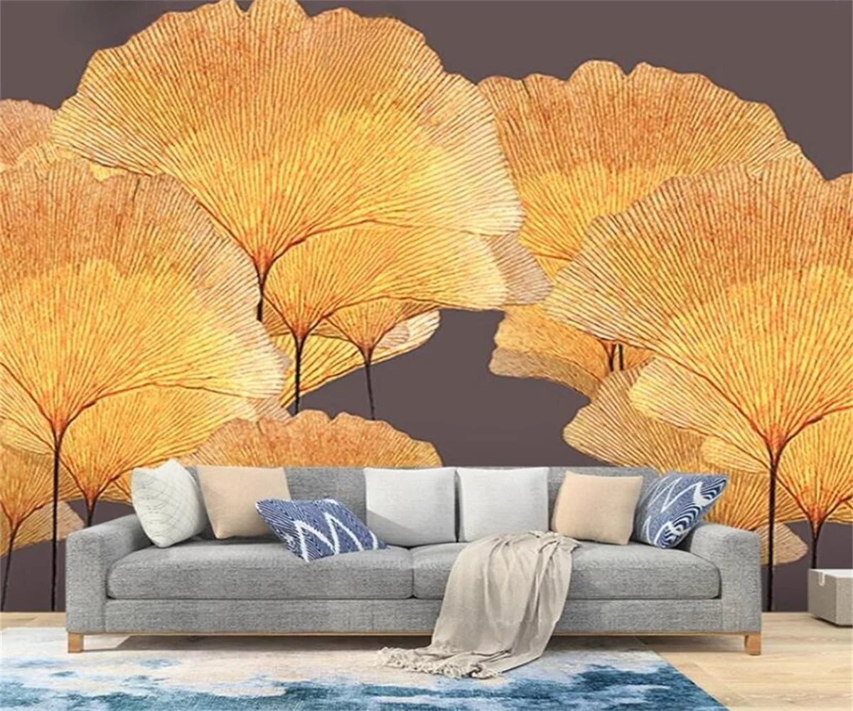 

Custom mural French retro high sense sofa background wallpaper Gingko leaf TV living room decoration Wall stickers wallpaper