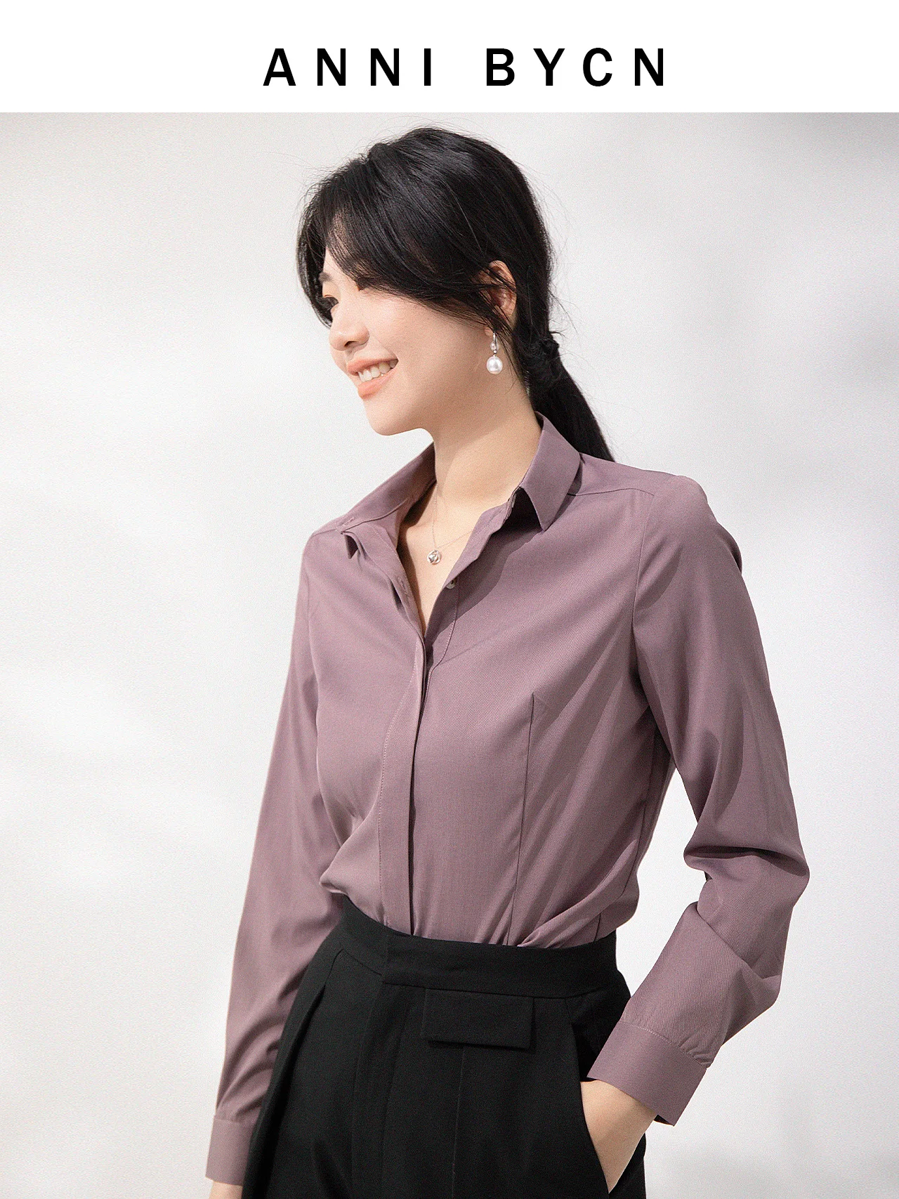 

Annibycn Casual Long Sleeve Shirt Women's Versatile Slimming Top Spring 2026 Fashion Straight Cut Button Detail Bamboo Fiber