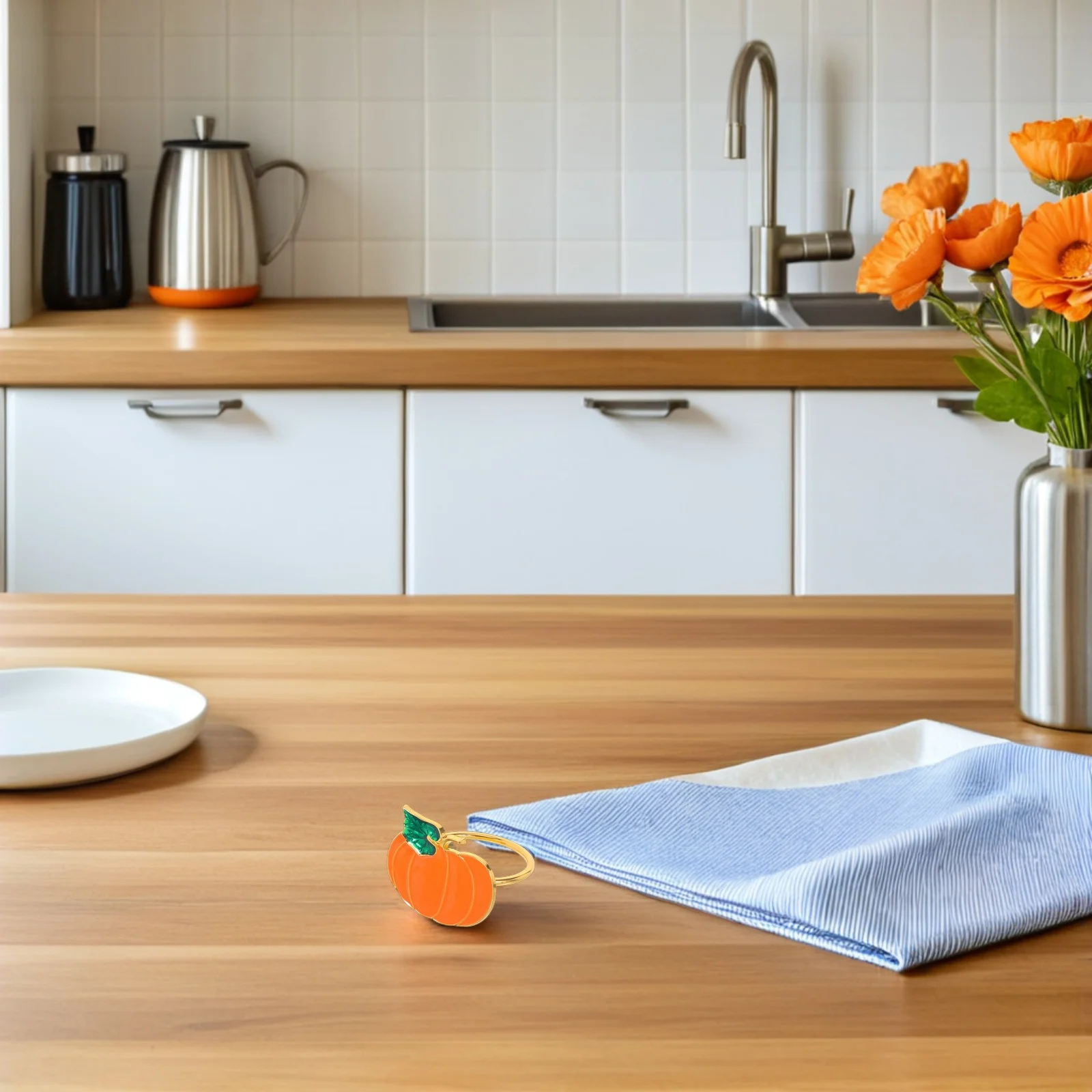 

10Pcs Vibrant Pumpkin Napkin Rings Green Leaf Accents Fall Gatherings Thanksgiving Dinner Table Decor Metal Buckles