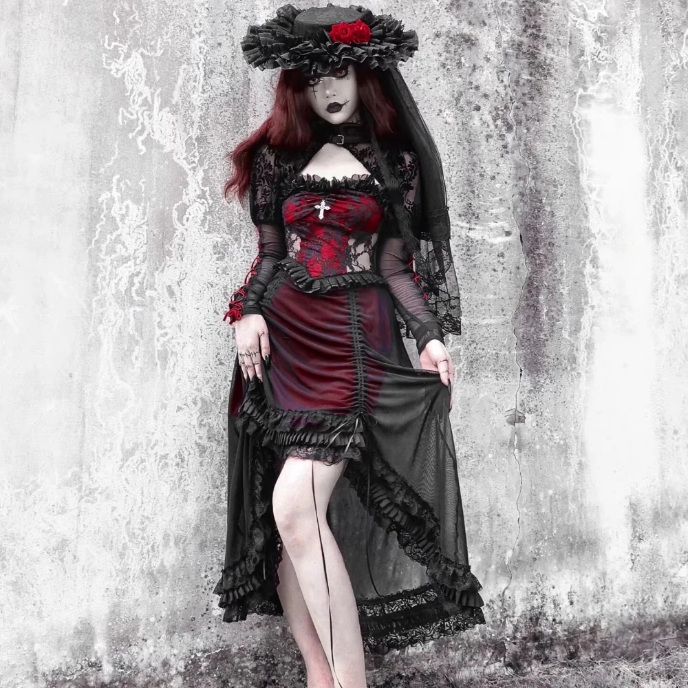 

Original Night Interview Vampire Cosplay Goth Black Red Drawstring Lace Suspender Goth Dark Slim Dress for Women