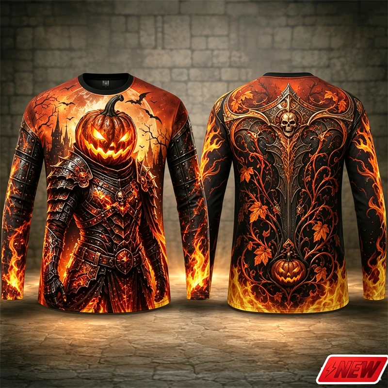 Men Halloween Pumpkin Knight 3D Print Long Sleeve T Shirt Warrior Fire Graphic Tee Crew Neck Novelty Party Holiday Casual Top