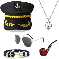 PESENAR  Captain Hat Costume Set Ship Sailor Hat with Corn Cob Aviator Sunglasses Mustache Accessories Set