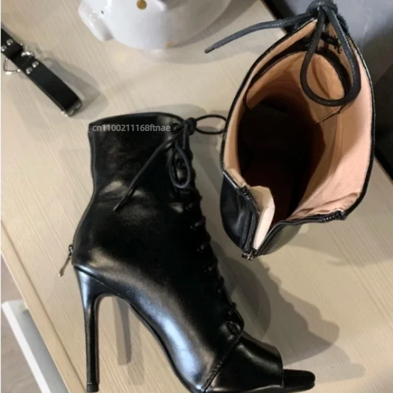 Damen-Tanzstiefeletten mit Fischmaul-Design, Schnürung, Ausschnitten, schmalem Absatz, für Frühling und Sommer, Jazz-Party, Aufführung – Detail 3