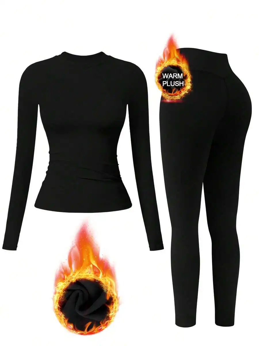 

Women Elastic Crew Neck Tight Fit Thermal Lined Long Sleeve Top And Pants Black Winter Set