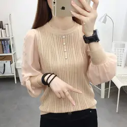 Fashion Chiffon Knitted Patchwork Pullovers Female Clothing Casual O-Neck Spring Autumn Long Sleeve Fashion Pearl Button T-shirt