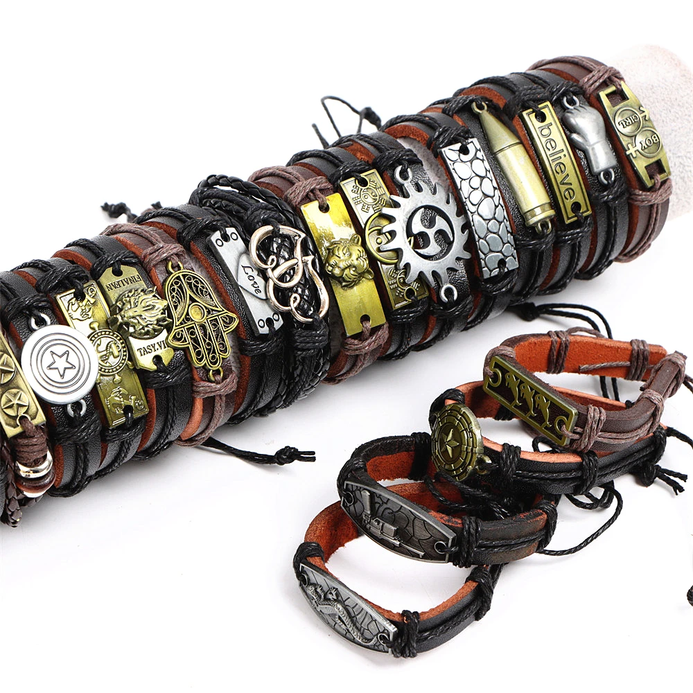 10Pcs/Lot Fashion Handmade Multi-color Braided Leather Bangle Cuff Bracelets For Women Men Mix Style Size Adjustable Jewelry
