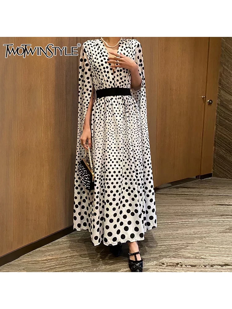 

TWOTWINSTYLE New Design Dot Printting Elegant Dresses For Women V Neck Short Sleeve High Waist Evening Party Dress Female New