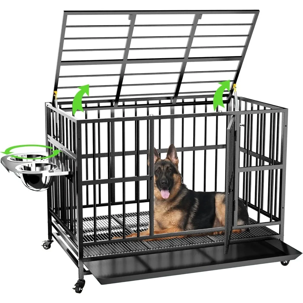 

48" Heavy Duty Dog Crate with Wheels/Unique Air Lift Rod / 360° & Adjustable 2 Bowls/Removable Dog Cage Tray Extra Large