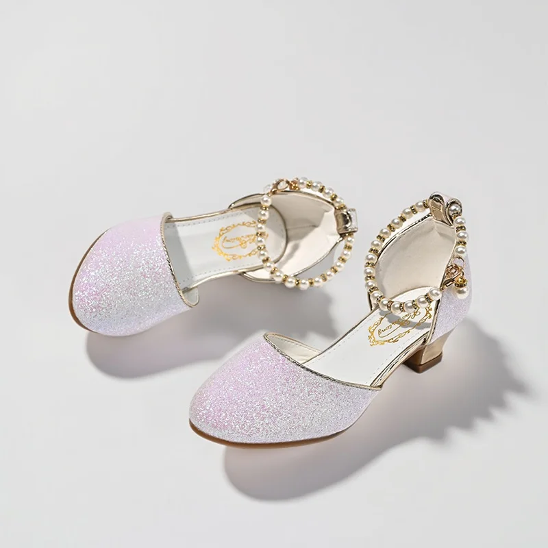 Girls' Sequin Non-slip High-heeled Sandals Kids' White Beaded Dance Single Shoe Princess Show Shoes Children's Pearl Chain Shoes