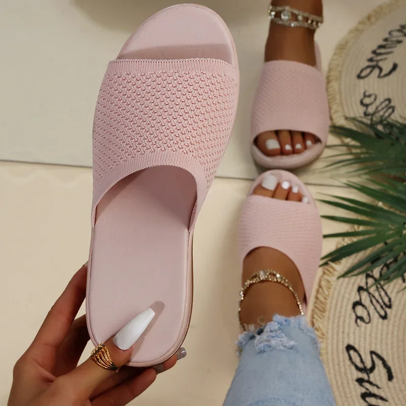 Sandalias de cuña de tela de punto para mujer, sandalias de Punta abierta, antideslizantes, informales, para exteriores, zapatillas de playa con plataforma plana, novedad de verano