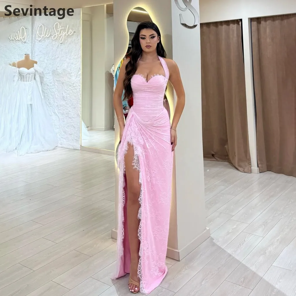 

Sevintage 2025 Pink Lace Mermaid Maxi Evening Dress Halter Neck Prom Gown For Wedding Farmol Party Dress Customized