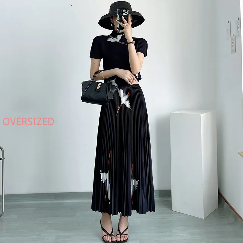 MIYAKE PLEATS-Two-Piece Pleated Suit for Women, Black Turtleneck T-shirt, Long Pleated Skirt, High-end Fabric, Autumn Fashion