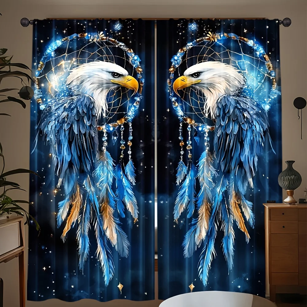 2pcs Eagle Dreamcatcher Print Curtains Starry Night Sky Window Drapes Semi-Blackout for Bedroom Living Room