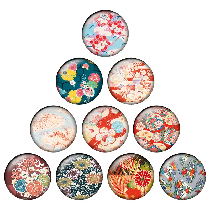 24pcs Japanese and Wind Patterns Abstract Floral Retro Pattern  Round Photo Glass Cabochon Demo Flat Back Making Findings H058