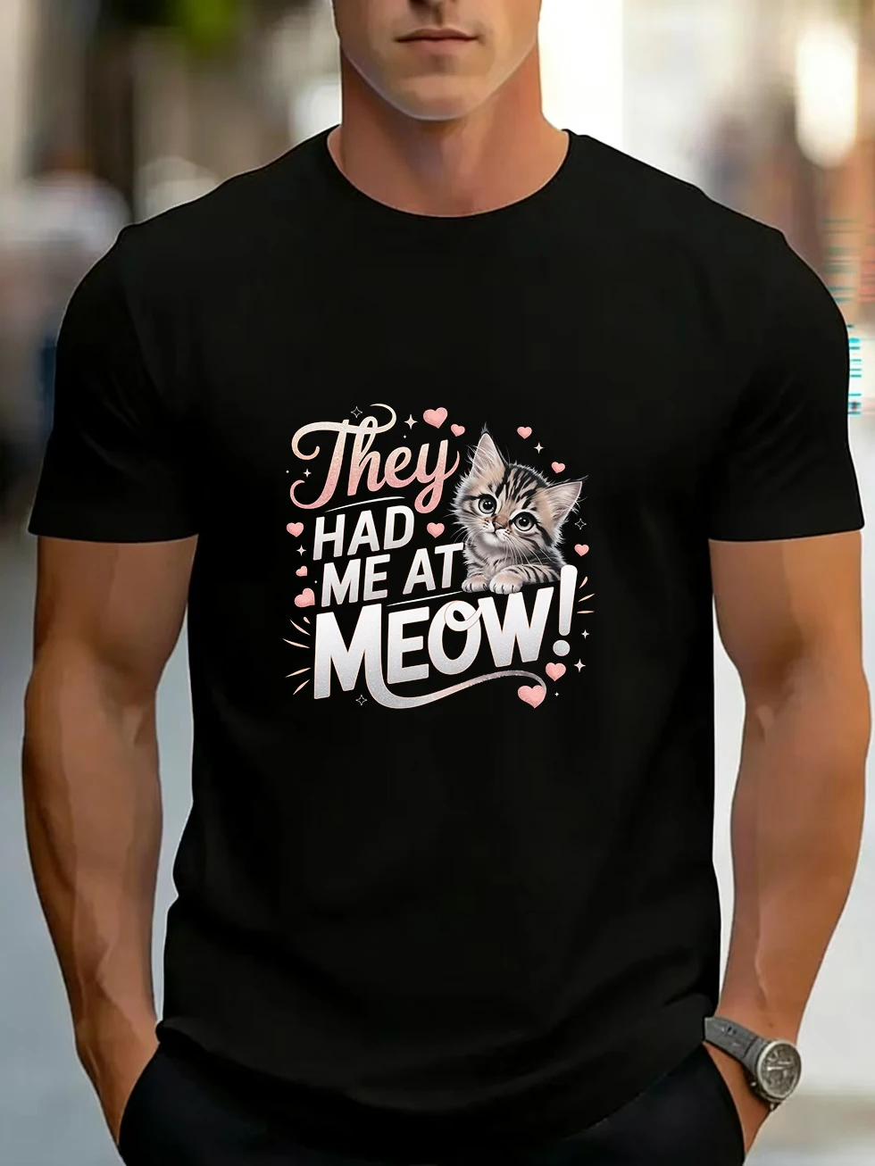 Men's Short-Sleeved T-Shirt with Cute Cat Pattern, Same Style for Men and Women, Pure Cotton