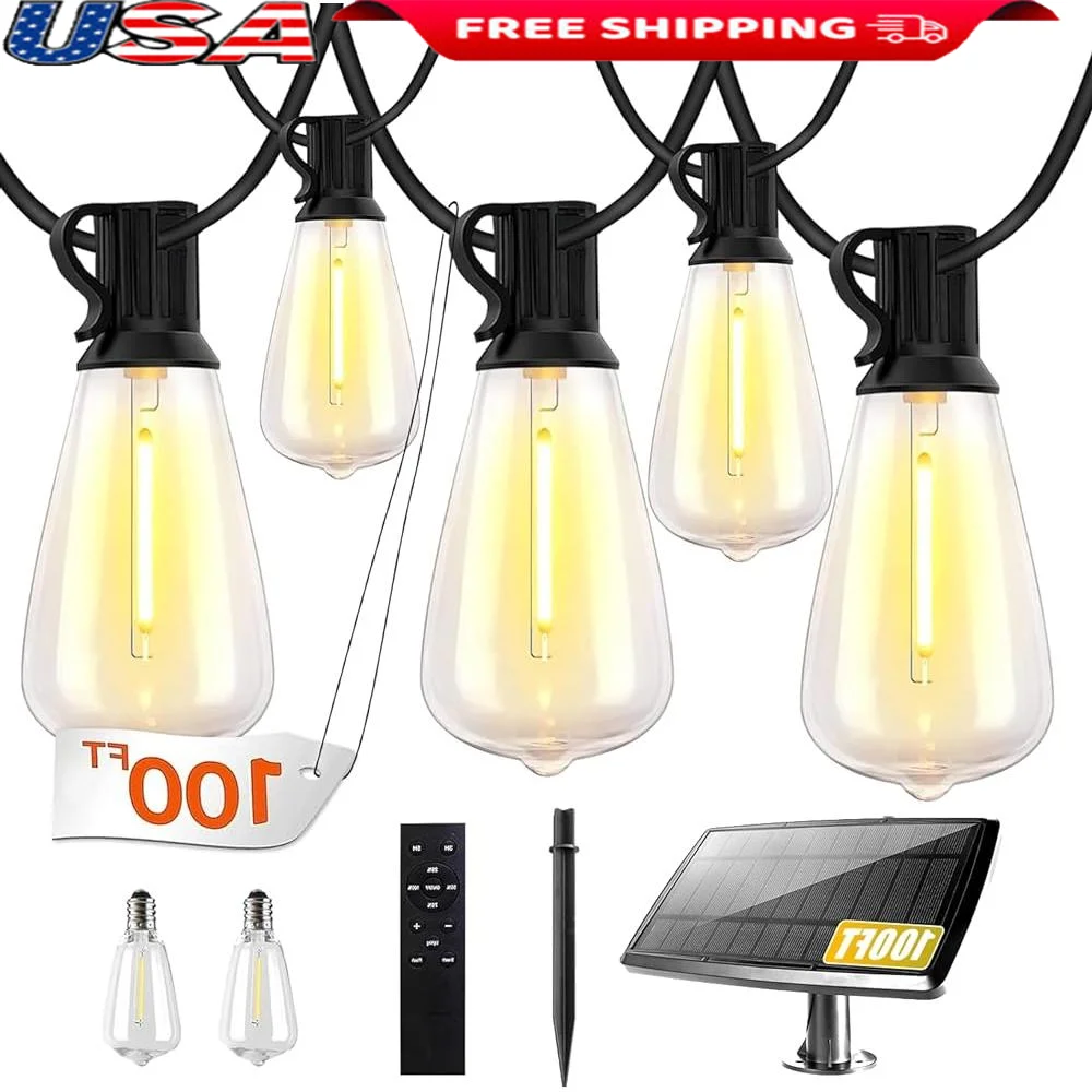 100FT Solar String Lights Outdoor Waterproof With Remote Control 30 Dimmable Edison Bulbs USB Charging 4 Lighting Modes Weather