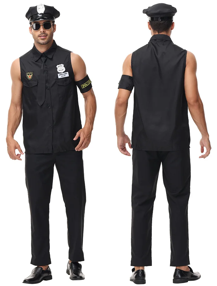 

Adult Men Costume Police Uniform Black Top Shirt Sleeveless Vest Cosplay Cop Officer Clothing Halloween Carnival Party Costumes