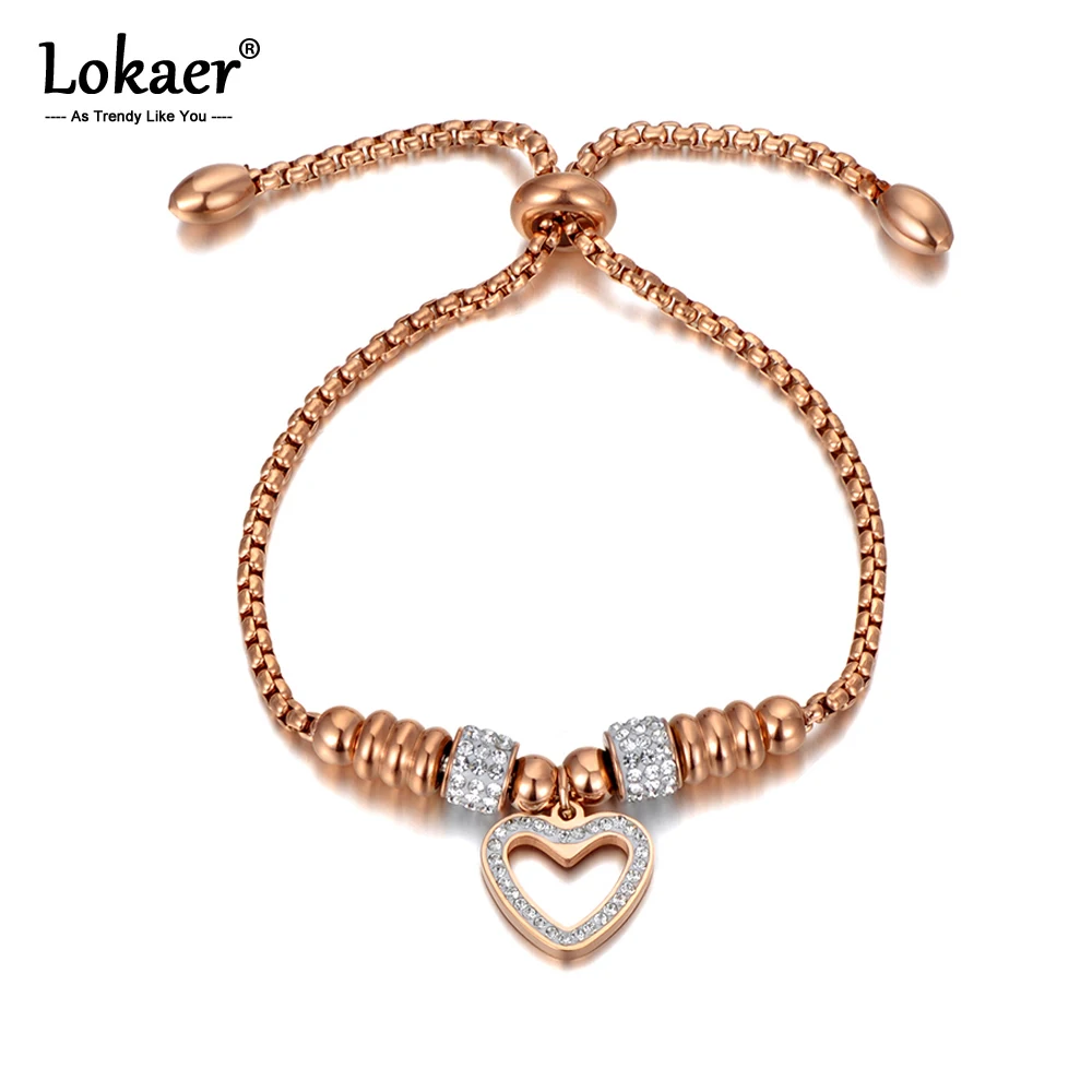 Lokaer New Titanium Stainless Steel White Rhinestone Chain & Link Bracelets For Women Love Heart Adjustable Size Bracelet B20053