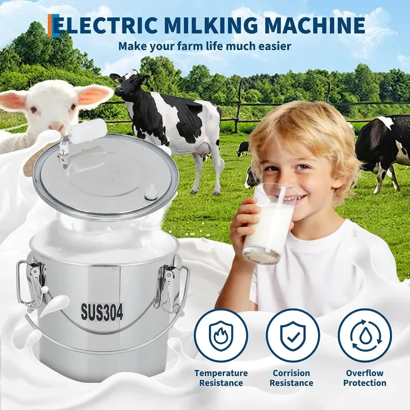Milking Machine with Adjustable Suction Electric Automatic Pulsation Vacuum Milker with 12L 304 Stainless Steel Bucket