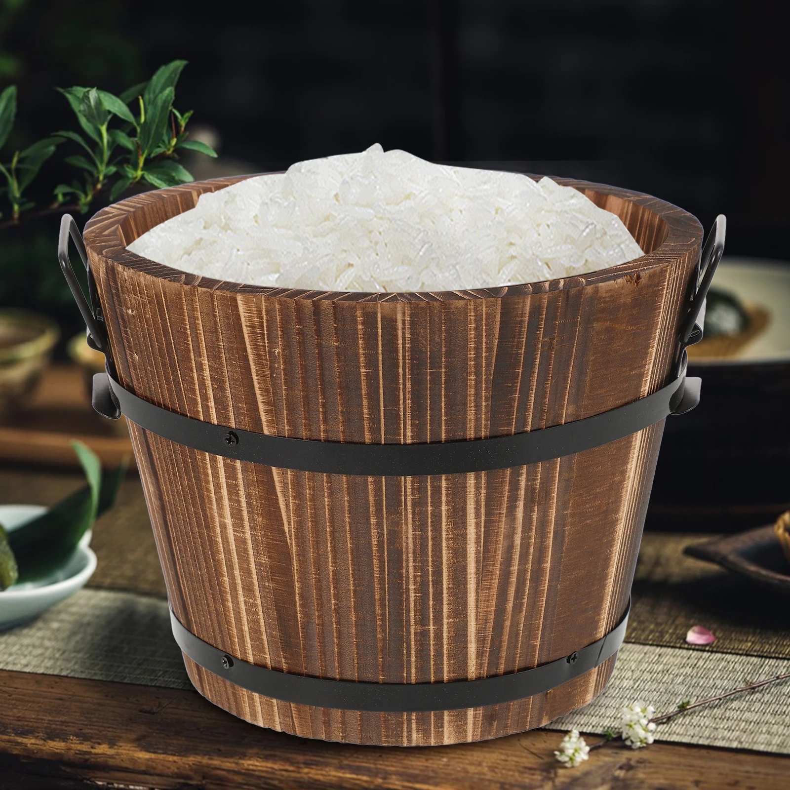 

Round Rice Barrel Large-Capacity Leak-Proof Wooden Steaming Bucket For Sushi Rice Mixing Food Storage Container Kitchen Dining