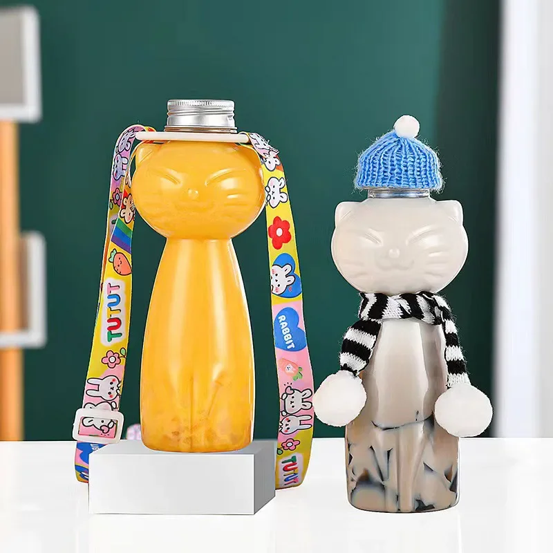 Diy Milk Tea Juice Bottles Beverage PET Water Bottle Cartoon Cat Drink Bottles  Disposable Takeaway Coffee Cup With Lids Decor